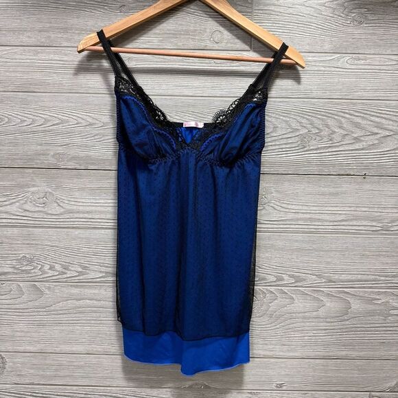 Y2K Blue Babydoll Top Lace Trim Cami Womens S Navy Lingerie Mesh Dark Coquette - Picture 2 of 9